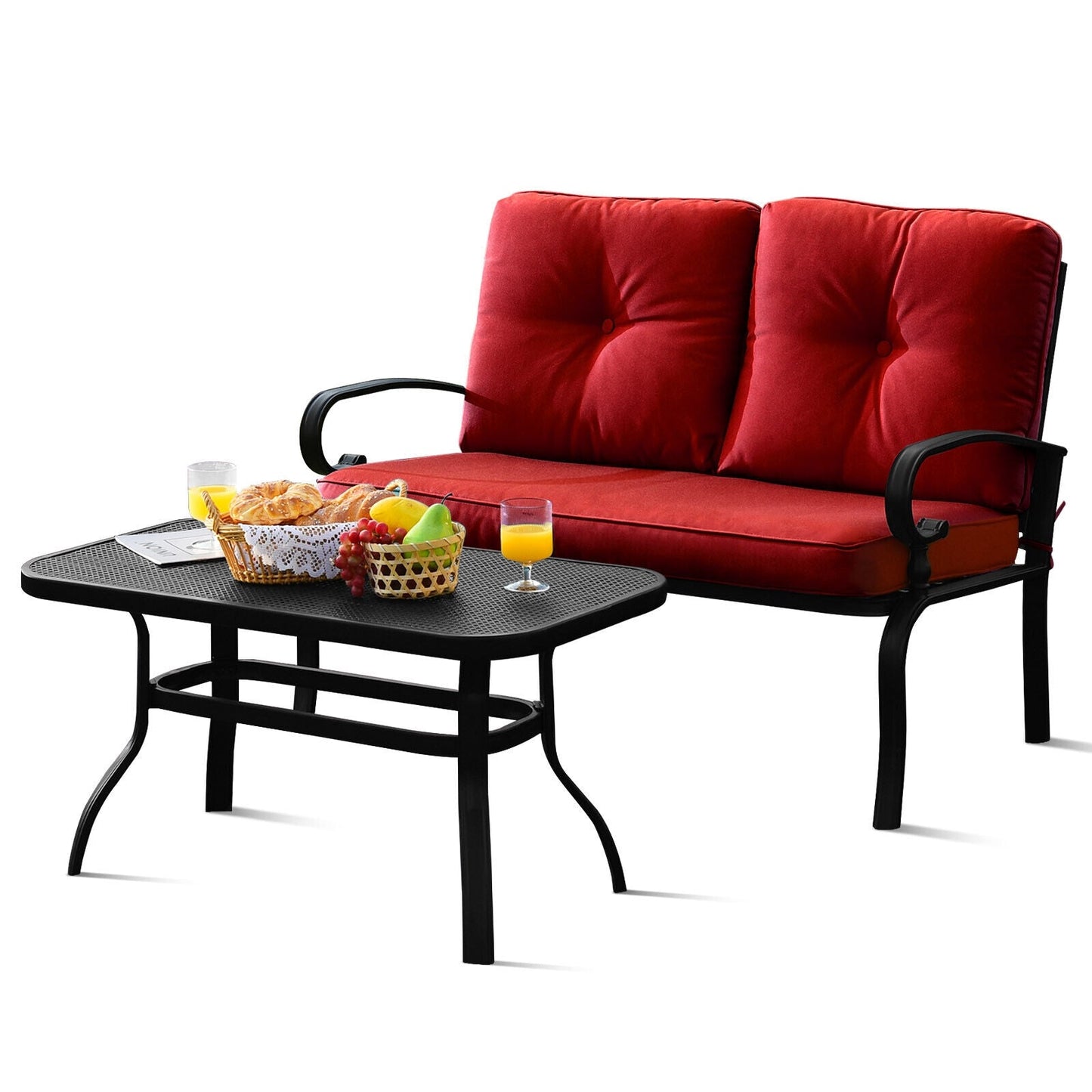 2 Pieces Patio Loveseat Bench Table Furniture Set with Cushioned Chair-Beige