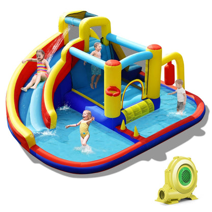 Inflatable water slide with yellow pillars, blue ramps, and red accents; kids playing on Tampa Home & Garden Store