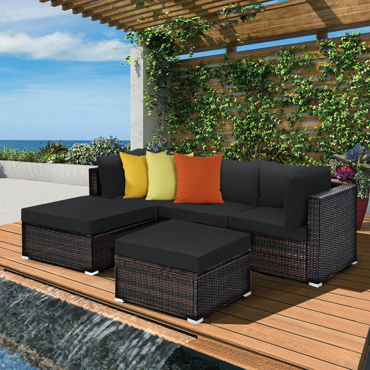 5 Pieces Patio Sectional Rattan Furniture Set with Ottoman Table-Black - Tampa Home & Garden Store