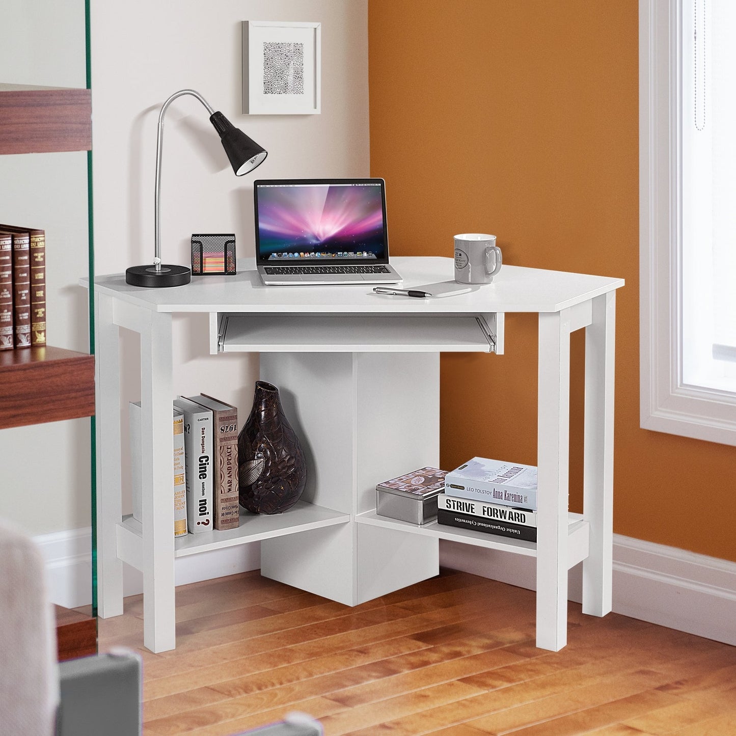 Escritorio esquinero de computadora de madera con cajón - Blanco