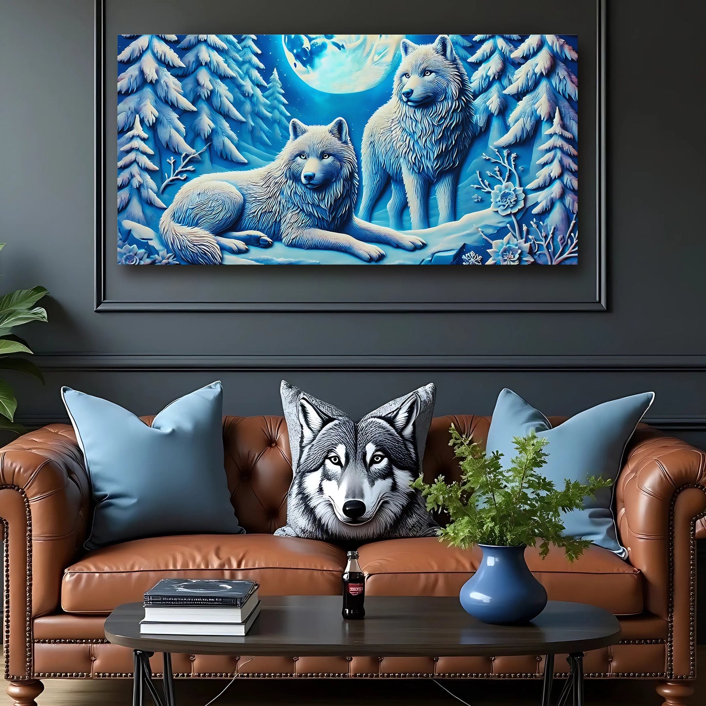 3D Wolves Wall Art V canvas featuring blue-toned wolves in a snowy moonlit forest on Tampa Home & Garden Store