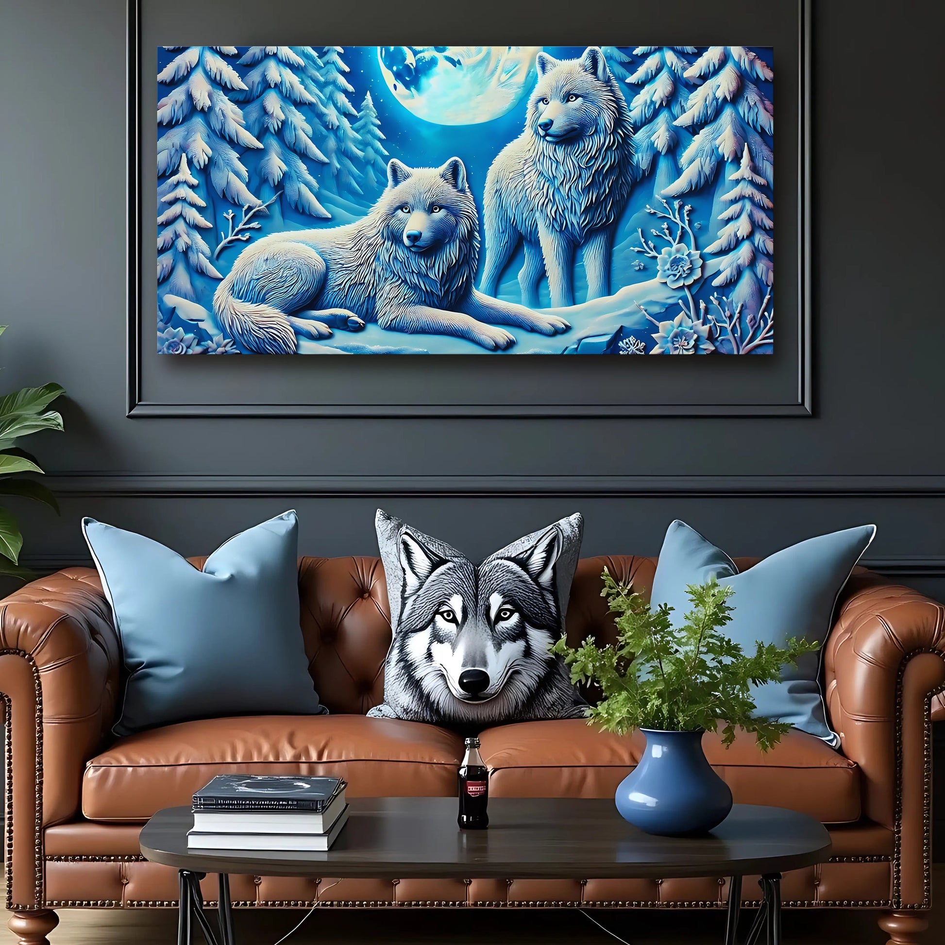 3D Wolves Wall Art V canvas featuring blue-toned wolves in a snowy moonlit forest on Tampa Home & Garden Store