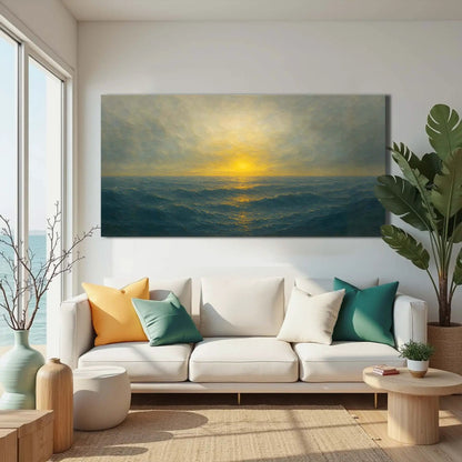 Waterscape Abstract Wall Art IV canvas; ocean sunset in blue tones above a sofa on Tampa Home & Garden Store