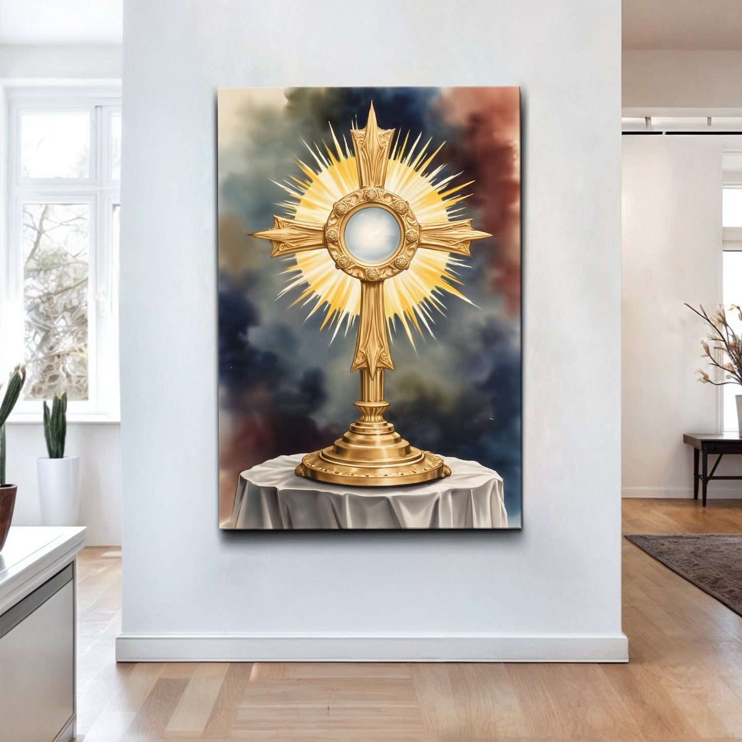 Holy Eucharist in Monstrance wall art canvas, gold monstrance with radiant sunburst Tailored Canvases on Tampa Home & Garden Store