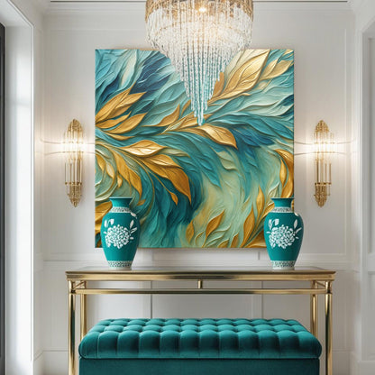 Canvas wall art Abstract Gold And Blue Frosty by Tailored Canvases two teal vases accent the display on Tampa Home & Garden Store