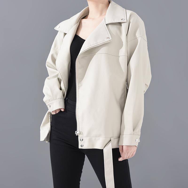 PU faux leather bomber jacket for women by Stevvex beige loose fit with front zip belt sash on Tampa Home & Garden Store