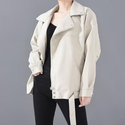 PU faux leather bomber jacket for women by Stevvex beige loose fit with front zip belt sash on Tampa Home & Garden Store