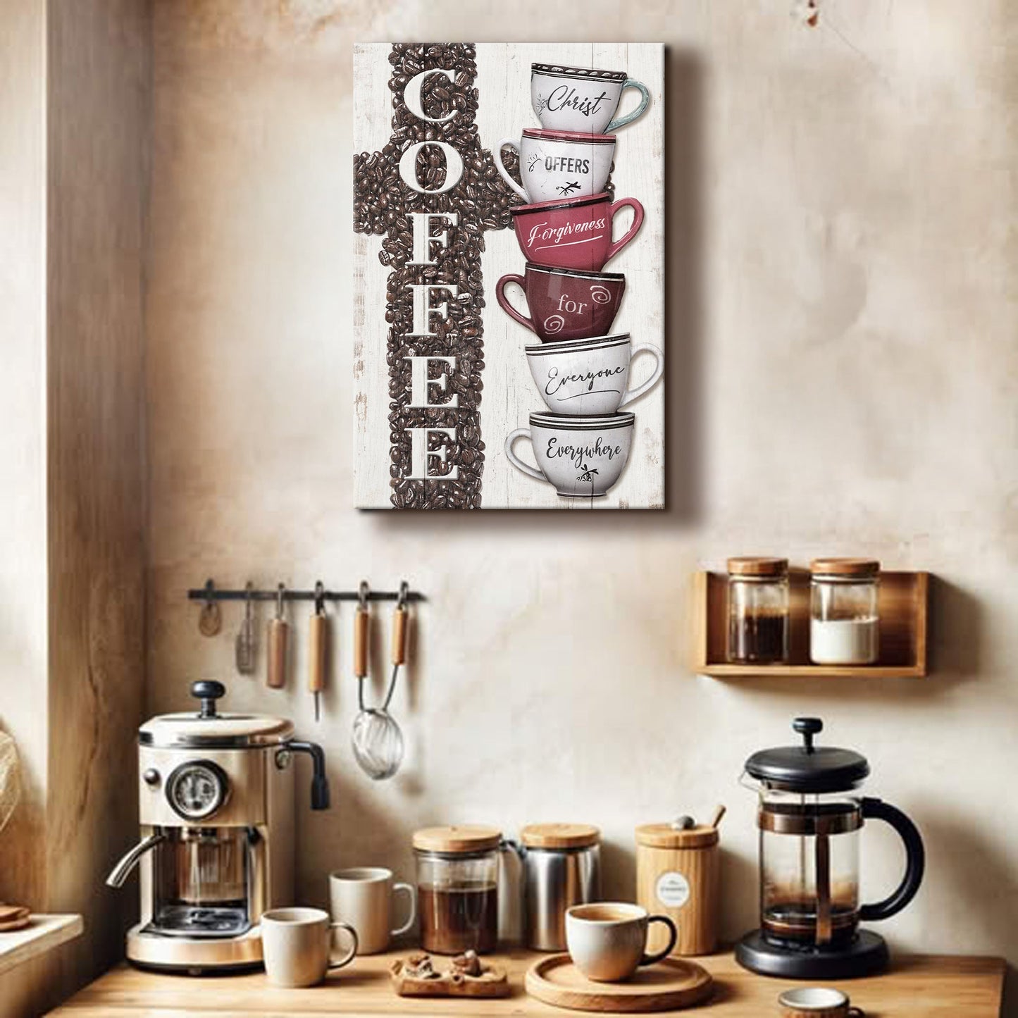 Our COFFEE Faith Sign IV canvas by Tailored Canvases with stacked mugs Christ offers forgiveness on Tampa Home & Garden Store