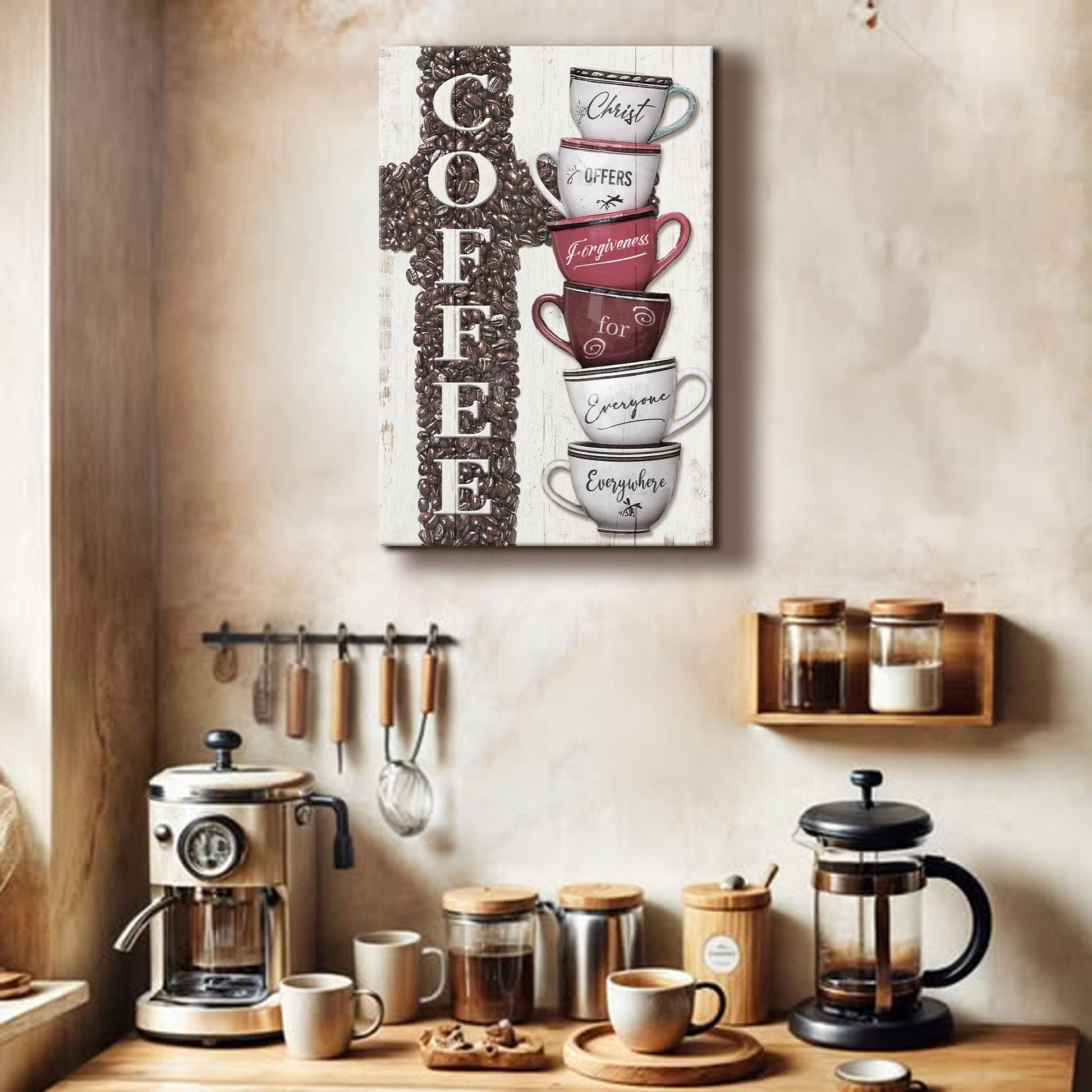 Our COFFEE Faith Sign IV canvas by Tailored Canvases with stacked mugs Christ offers forgiveness on Tampa Home & Garden Store