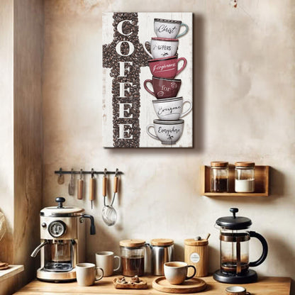 Our COFFEE Faith Sign IV canvas by Tailored Canvases with stacked mugs Christ offers forgiveness on Tampa Home & Garden Store