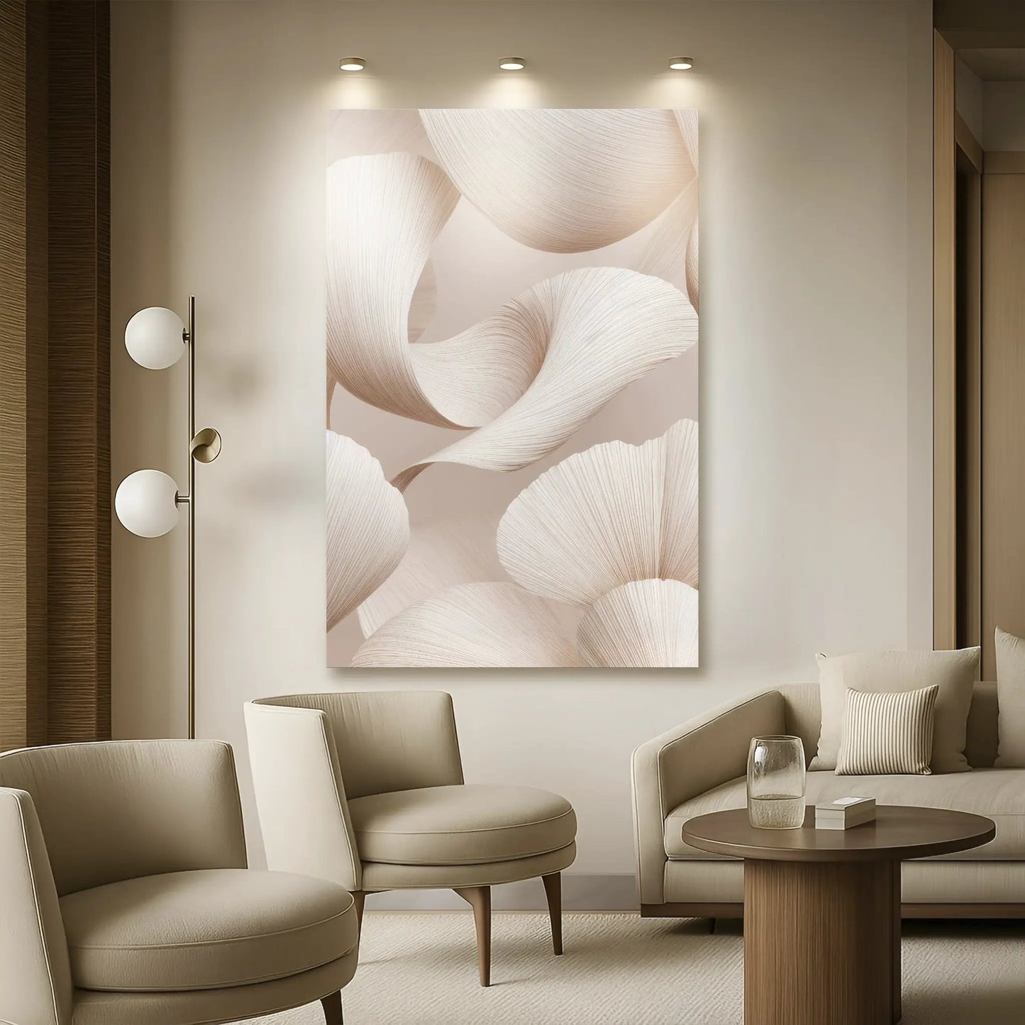 Calm Aesthetic Canvas wall art by Tailored Canvases featuring beige ribbon motifs on Tampa Home & Garden Store