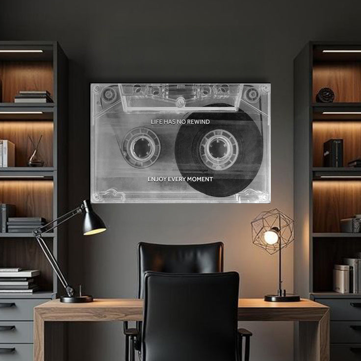 Enjoy Every Moment Motivational Wall Sign canvas by Tailored Canvases; cassette art above a desk in a home office on Tampa Home & Garden Store