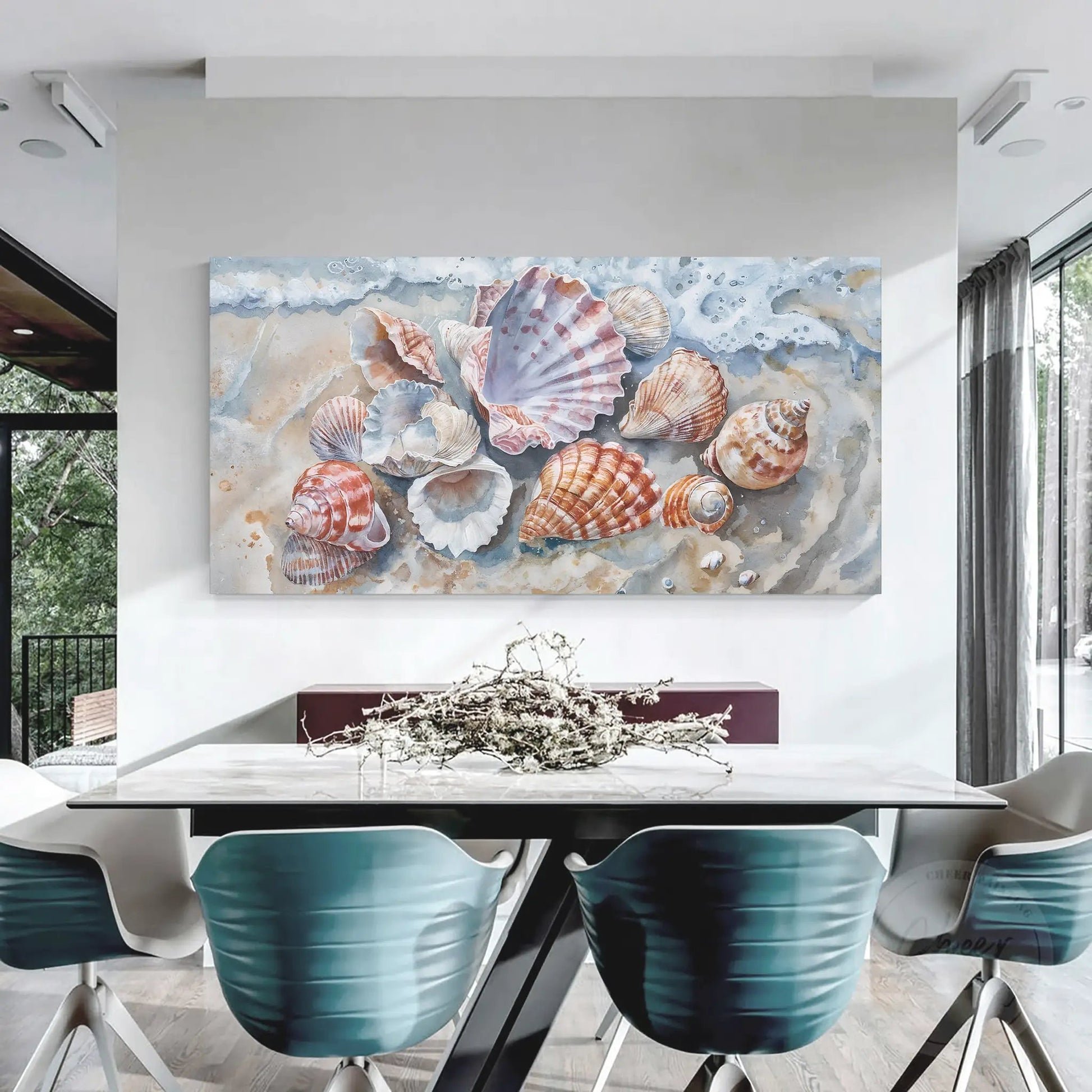 Sea Shells Modern Coastal Wall Art canvas with shells on beach in soft blues Tailored Canvases on Tampa Home & Garden Store