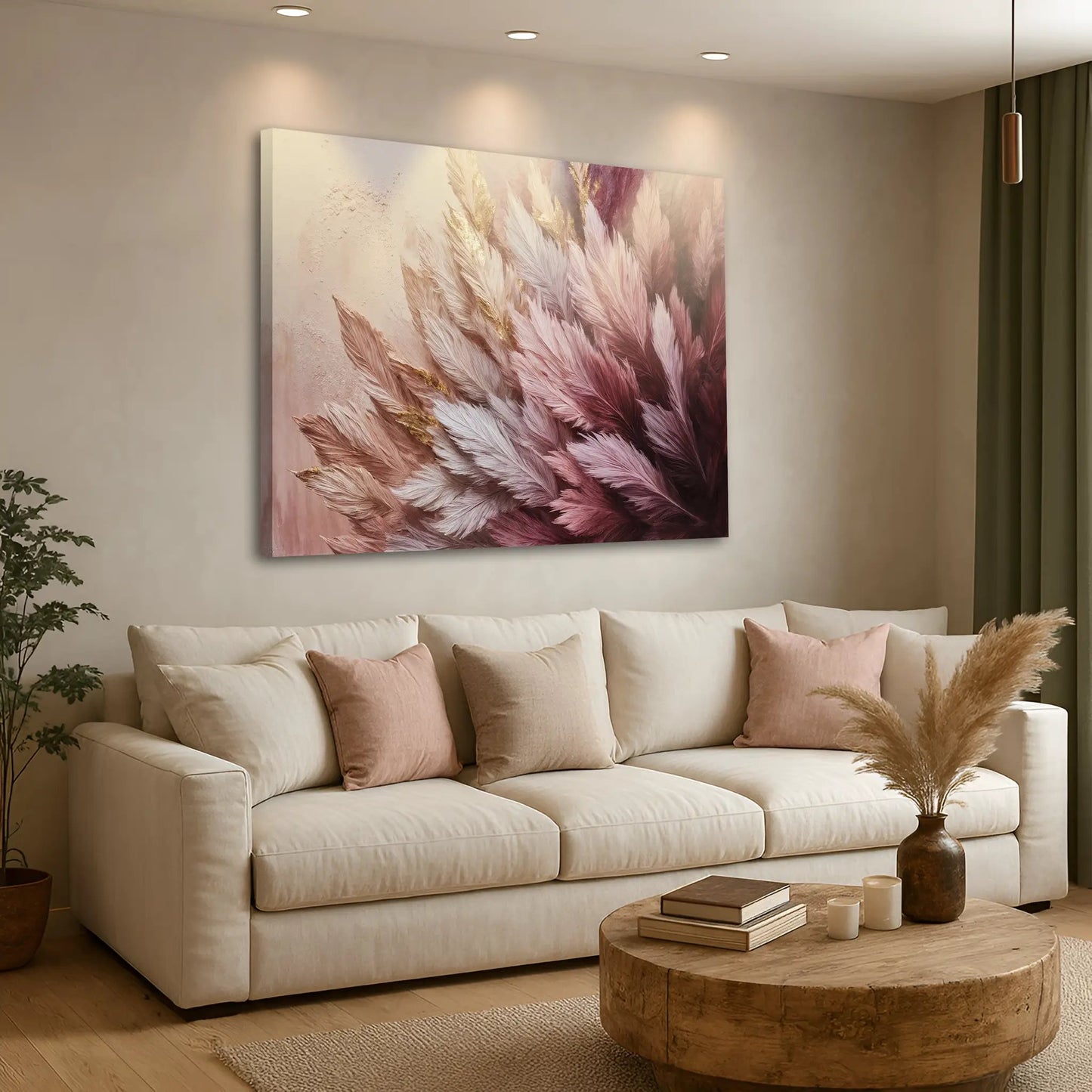 Feather Symphony Canvas wall art in soft pinks with gold accents Tailored Canvases on Tampa Home & Garden Store