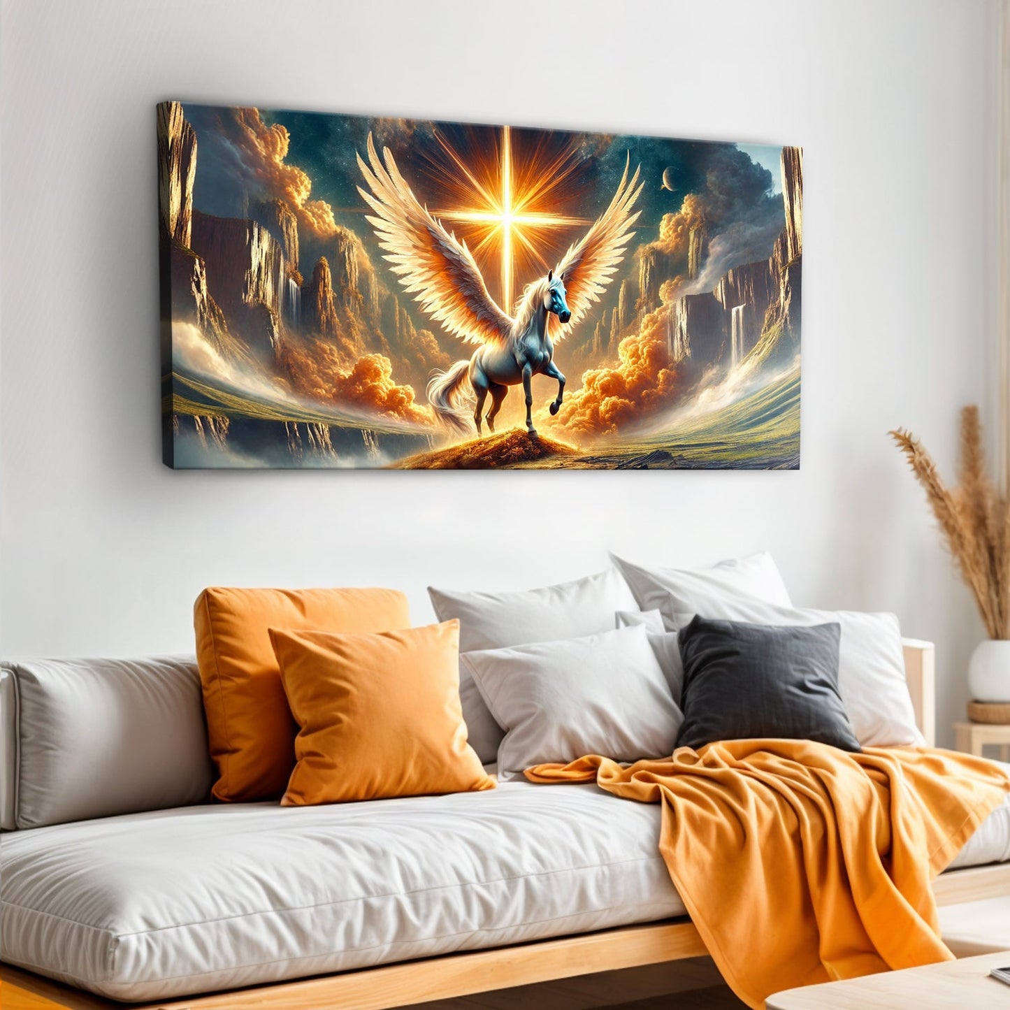 3D Horse Faith Wall Art Canvas by Tailored Canvases with blue Pegasus and golden wings on Tampa Home & Garden Store