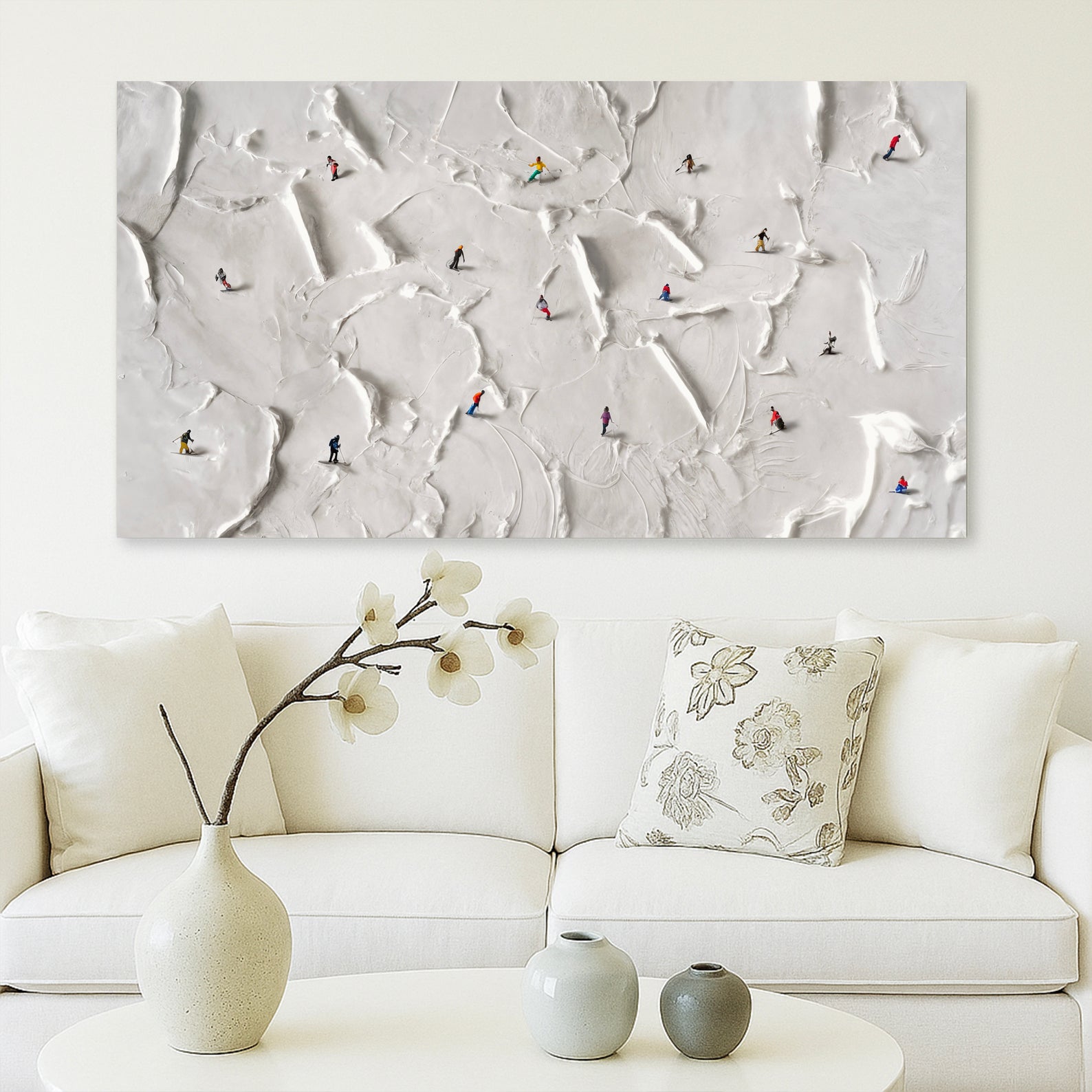 Mountain Minimalist Wall Art V canvas by Tailored Canvases, snowy mountain scene with tiny skiers on Tampa Home & Garden Store