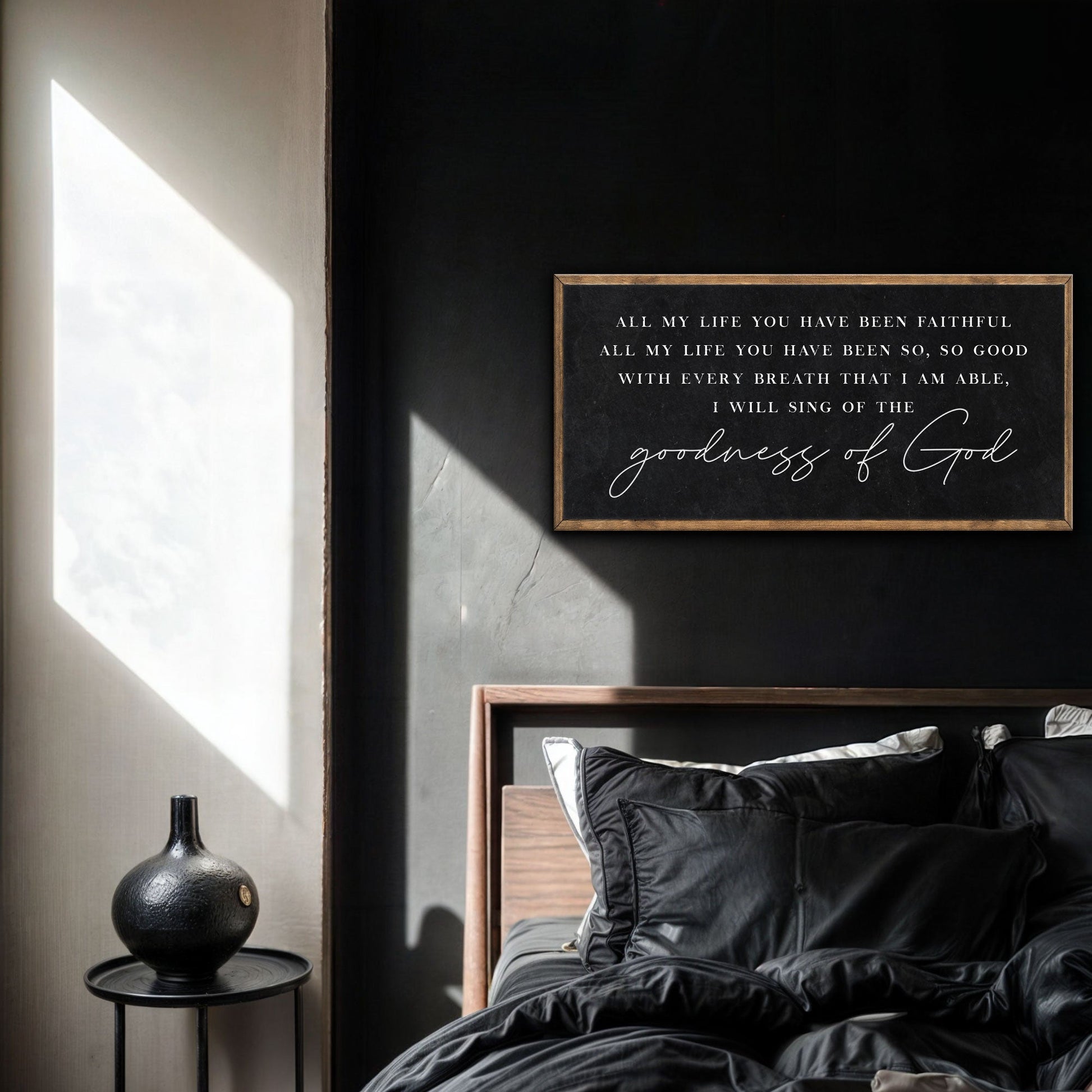 Goodness Of God Faith Sign canvas with black board and gold frame in a bedroom on Tampa Home & Garden Store