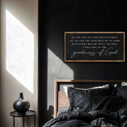 Goodness Of God Faith Sign canvas with black board and gold frame in a bedroom on Tampa Home & Garden Store