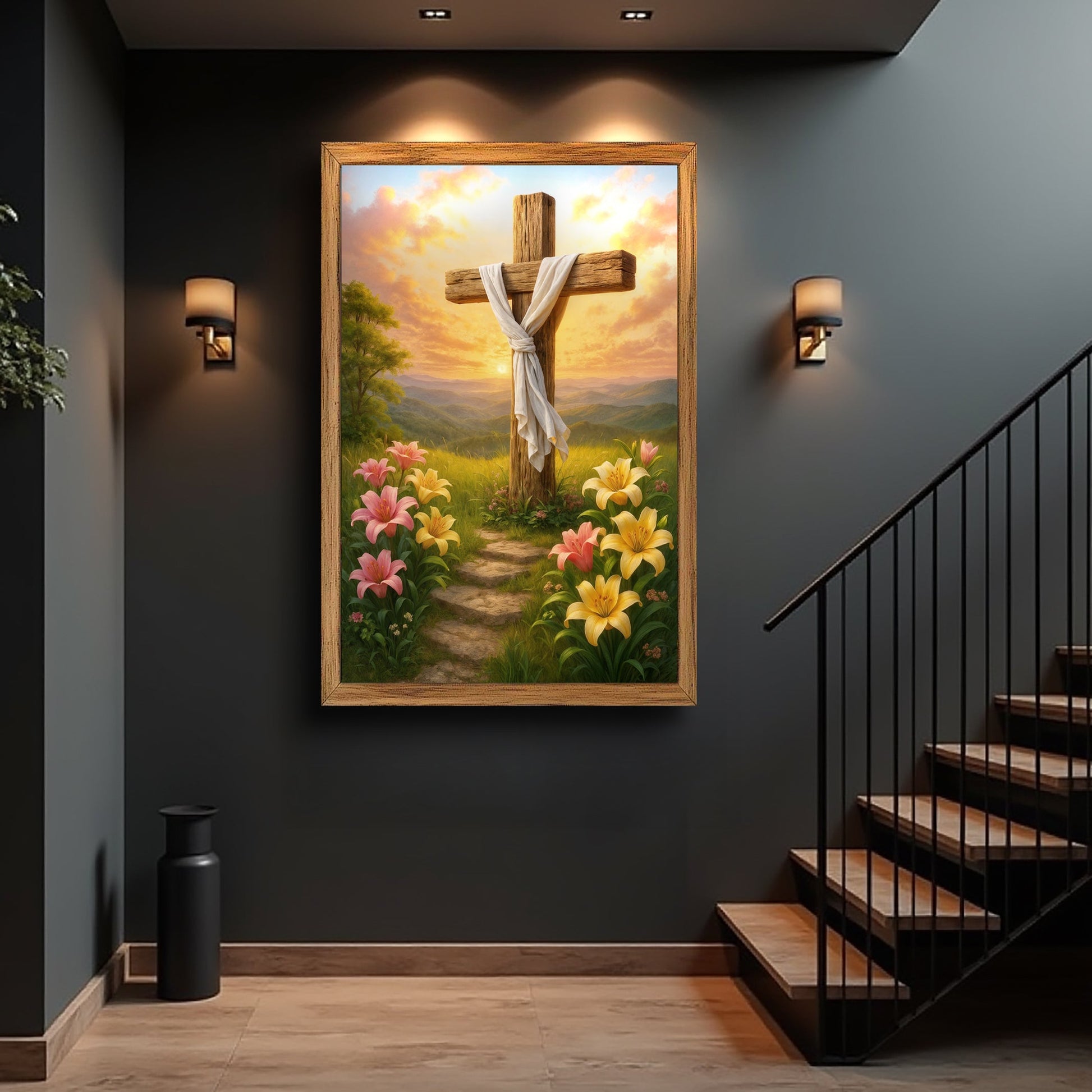 Cross and Flowers Faith Wall Art II canvas with wrapped cross among lilies Tailored Canvases on Tampa Home & Garden Store