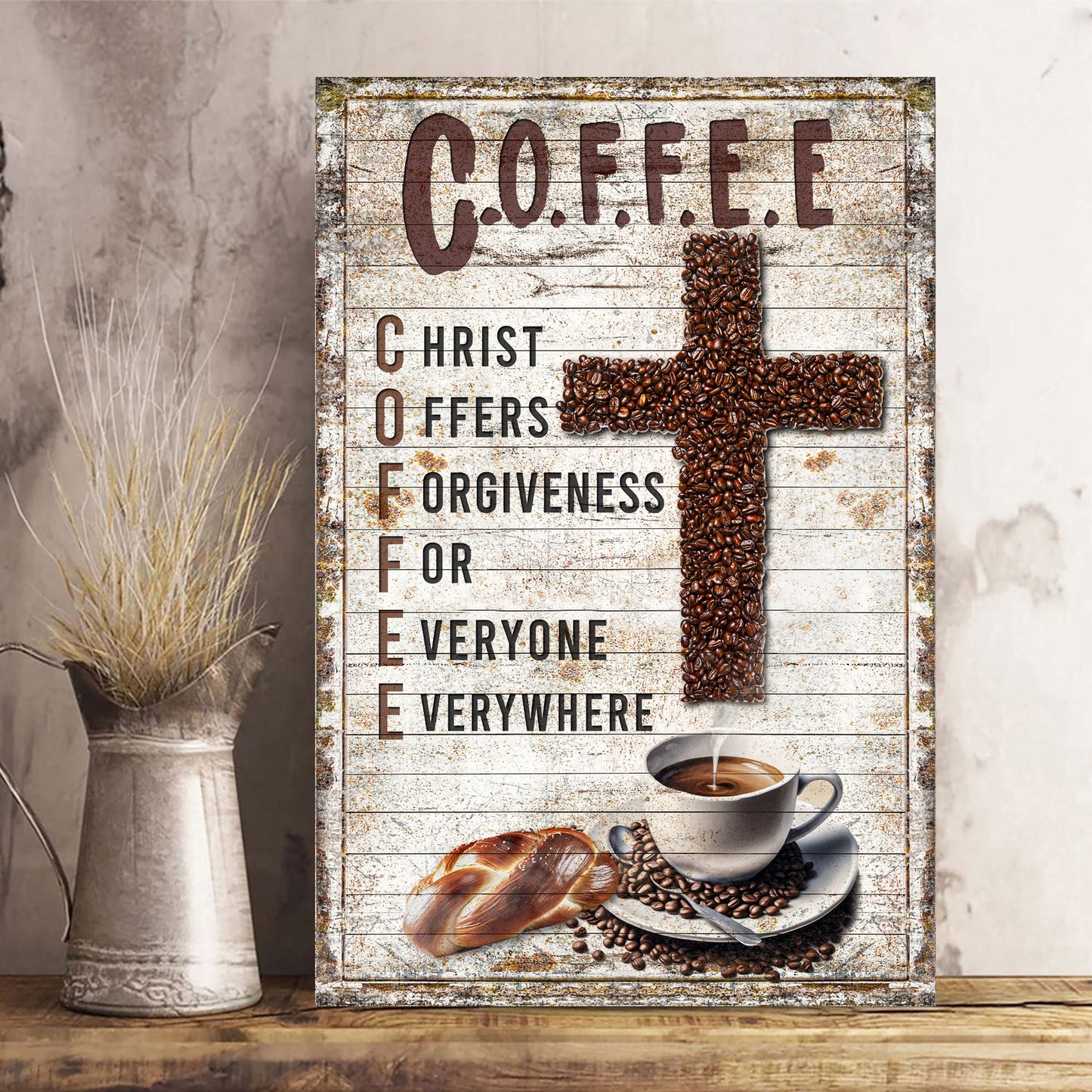 Christ And Coffee Faith Sign canvas by Tailored Canvases on rustic wood with coffee bean cross on Tampa Home & Garden Store