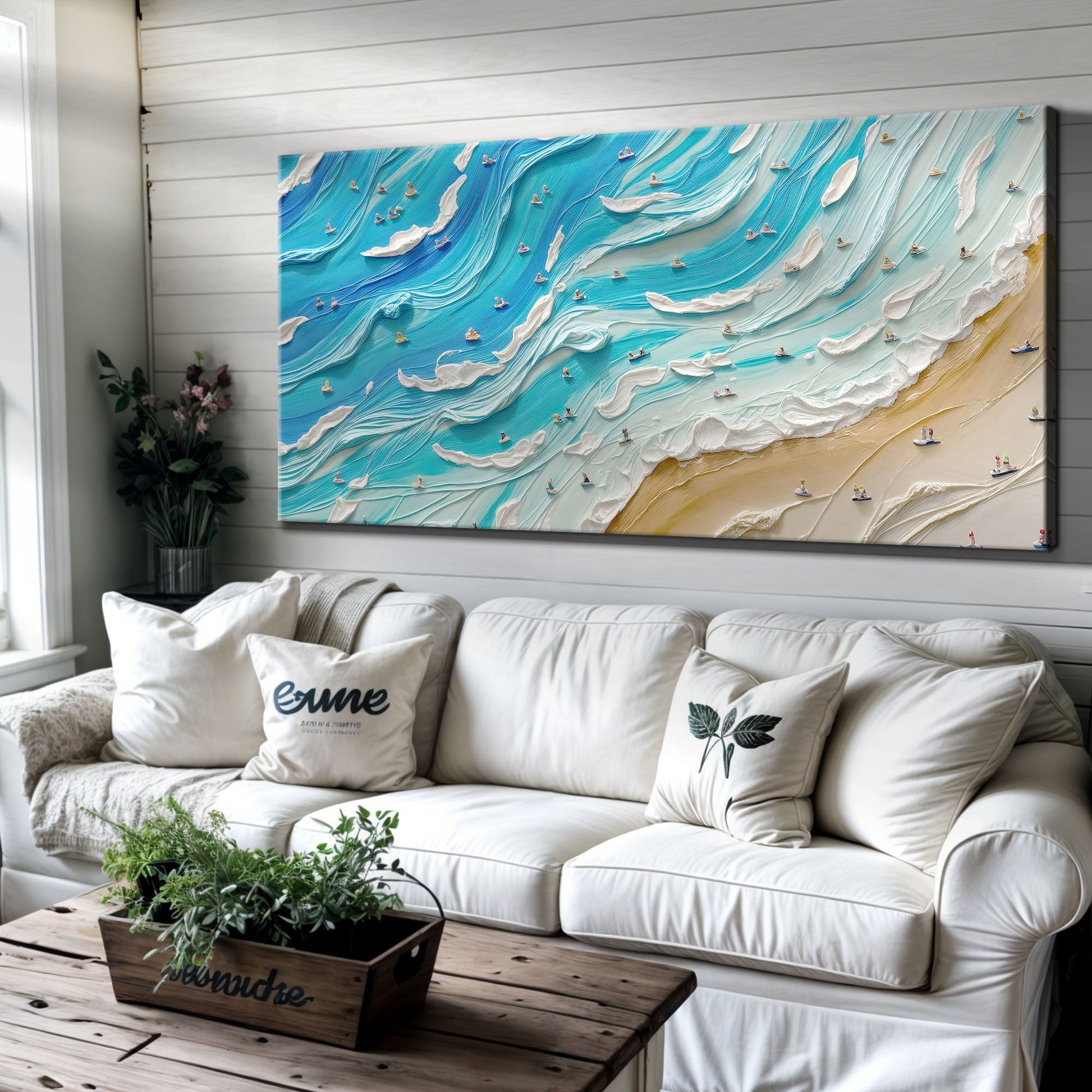 Beach Days Wall Art V canvas by Tailored Canvases with blue ocean waves and surfers on Tampa Home & Garden Store
