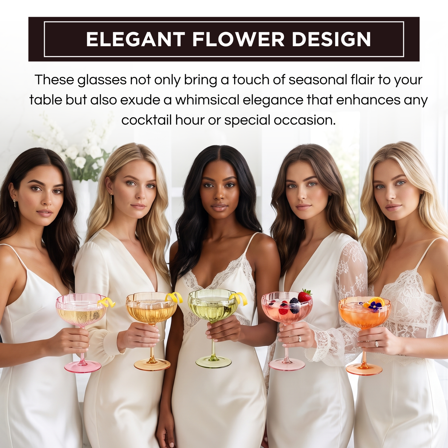 Colorful Flower Coupe Cocktail Glass Set of Five
