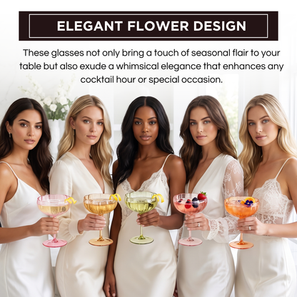 Colorful Flower Coupe Cocktail Glass Set of Five