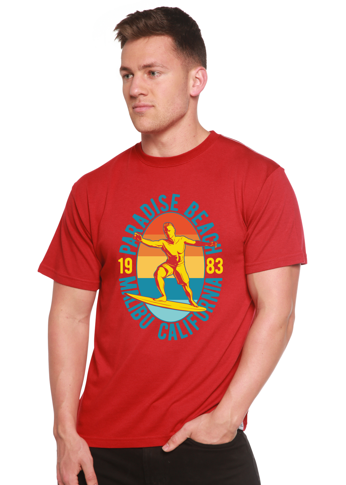 Paradise Beach 1983 men's graphic tee red short sleeve with retro surfing circle print on Tampa Home & Garden Store