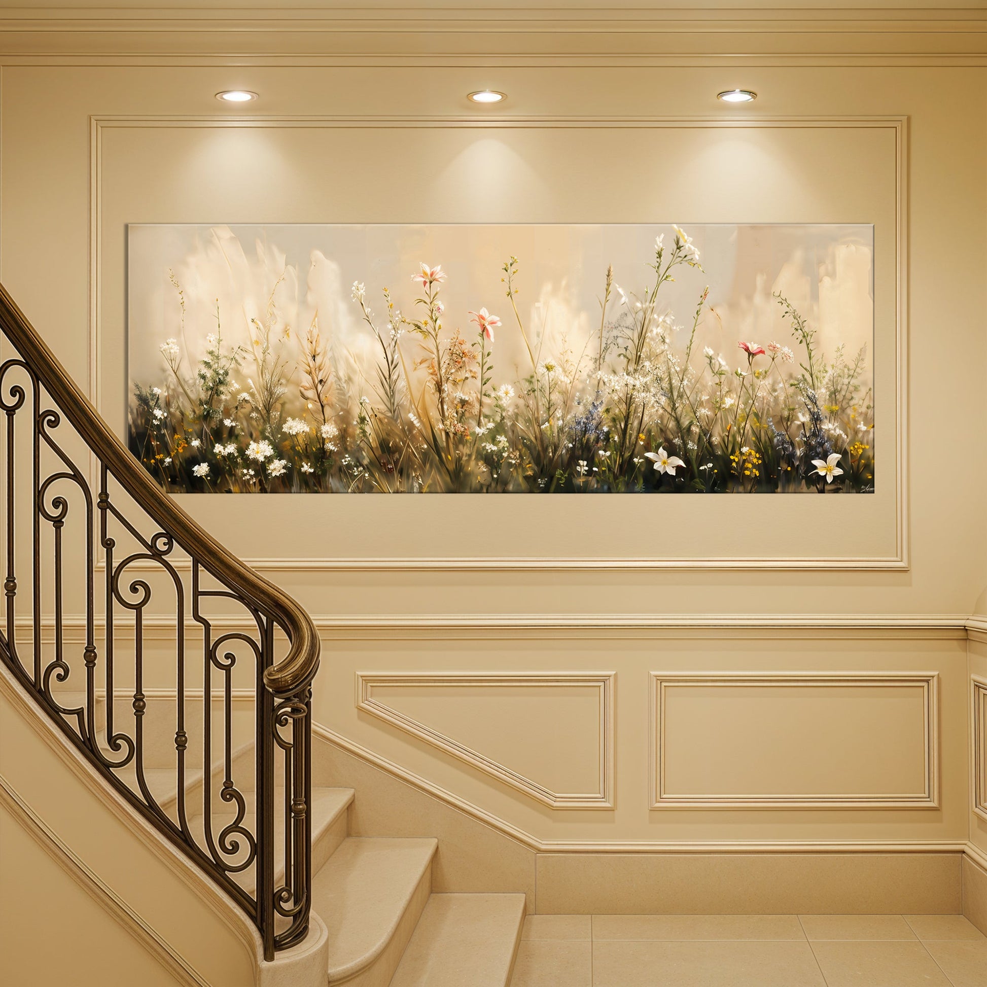 Flower Field Wall Art canvas by Tailored Canvases, beige-toned floral field decor on Tampa Home & Garden Store