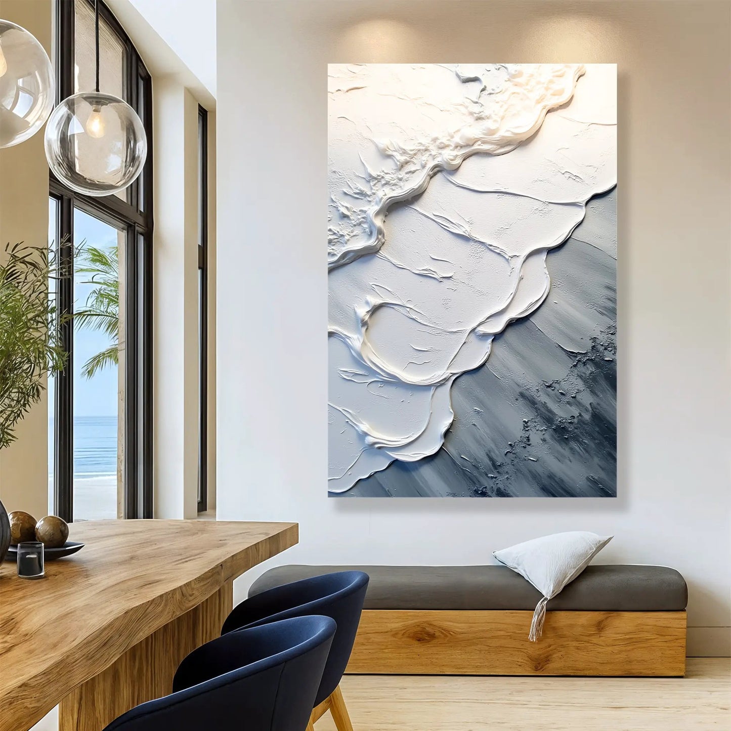 Abstract Minimalist Wave Wall Art II canvas by Tailored Canvases in white and pale blue on Tampa Home & Garden Store