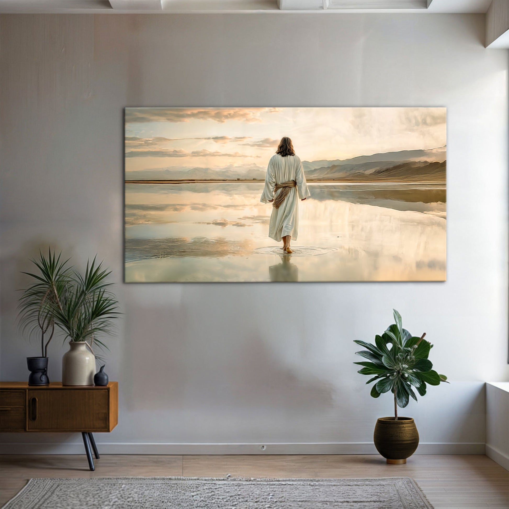 Reflections Faith Wall Art IX canvas by Tailored Canvases; scene with a woman in white robe on Tampa Home & Garden Store