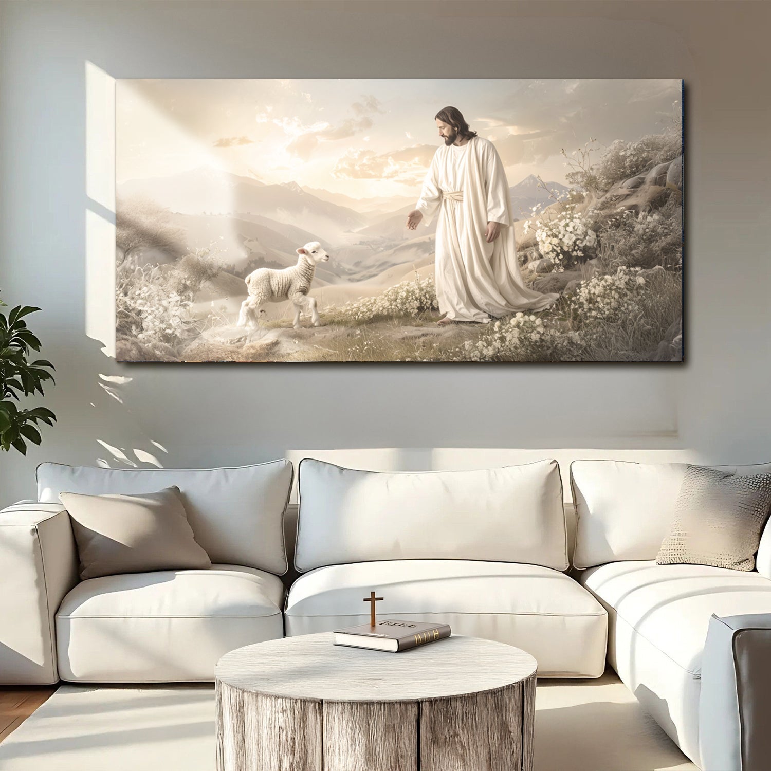 Jesus Protects The Lamb From Wolves Faith Wall Art X canvas Tailored Canvases serene lamb scene on Tampa Home & Garden Store
