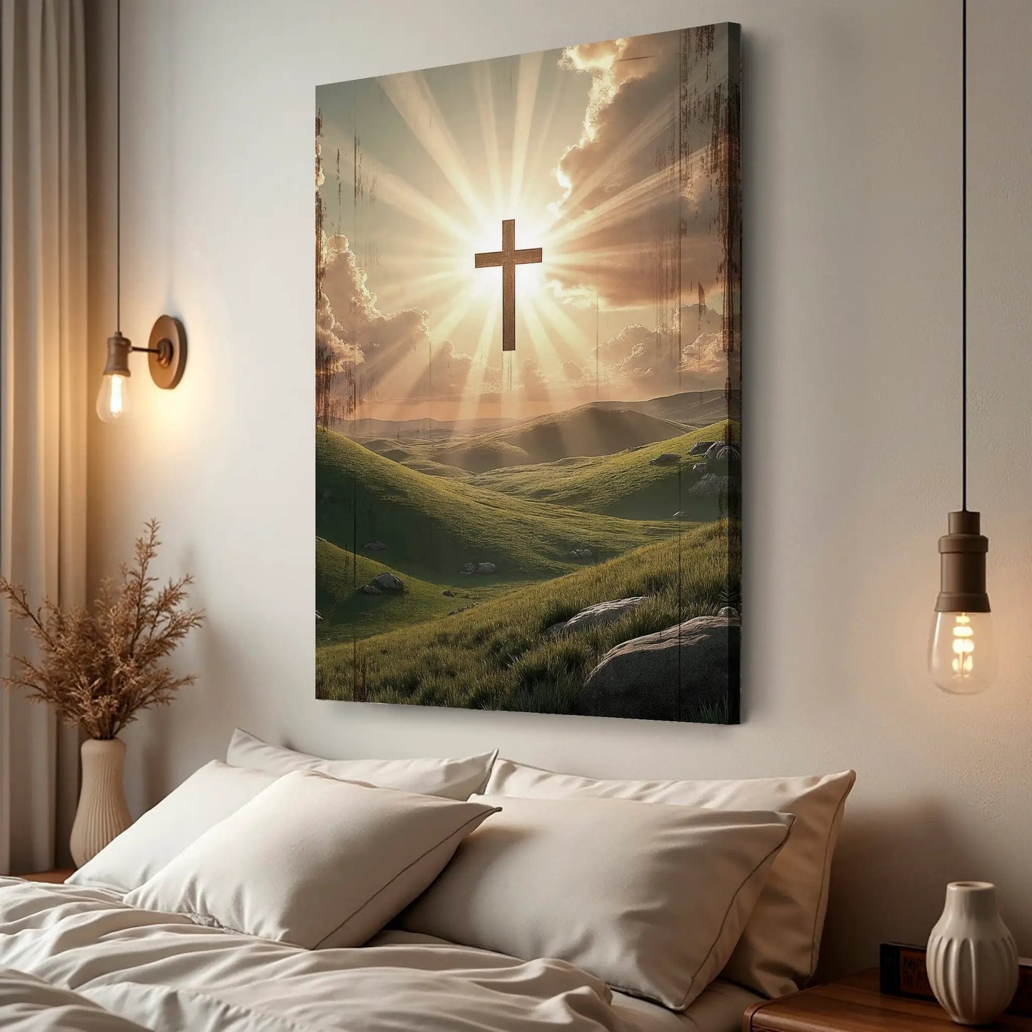 Amazing Grace Wall Sign canvas with sunrise rays and wooden cross over rolling hills on Tampa Home & Garden Store