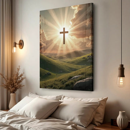 Amazing Grace Wall Sign canvas with sunrise rays and wooden cross over rolling hills on Tampa Home & Garden Store