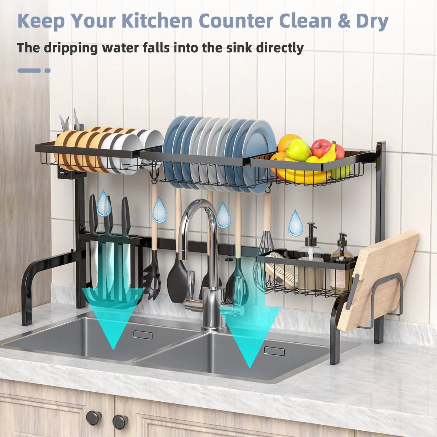 2 Tier Over Sink Dish Drying Rack With 8 Hooks