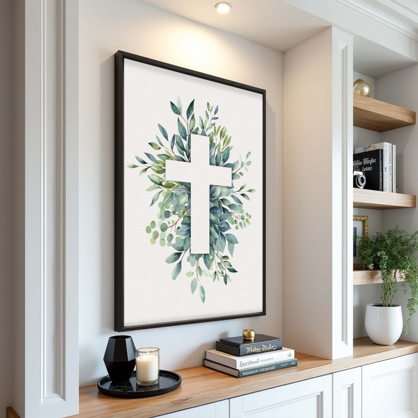 Evergreen Cross Faith Wall Art canvas by Tailored Canvases featuring a wreath and white cross on Tampa Home & Garden Store