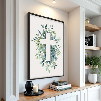 Evergreen Cross Faith Wall Art canvas by Tailored Canvases featuring a wreath and white cross on Tampa Home & Garden Store