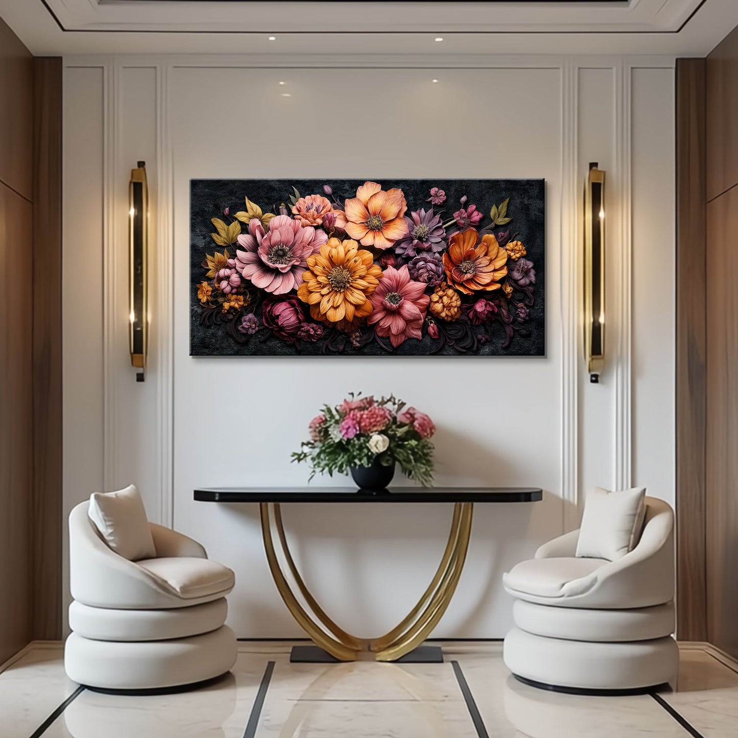 Canvas Colorful Floral Realistic Wall Art Tailored Canvases, vibrant bouquet on dark background on Tampa Home & Garden Store