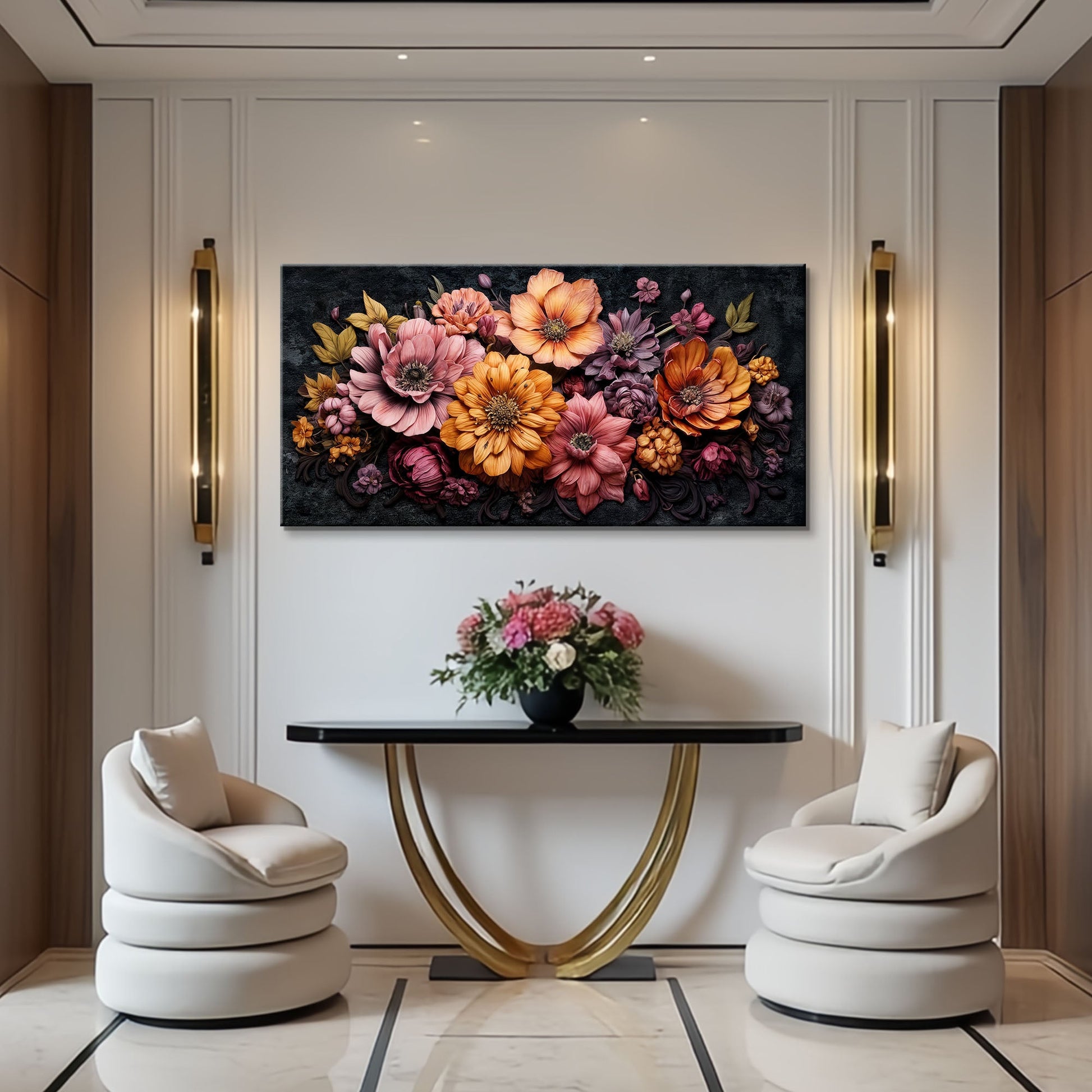 Canvas Colorful Floral Realistic Wall Art Tailored Canvases, vibrant bouquet on dark background on Tampa Home & Garden Store
