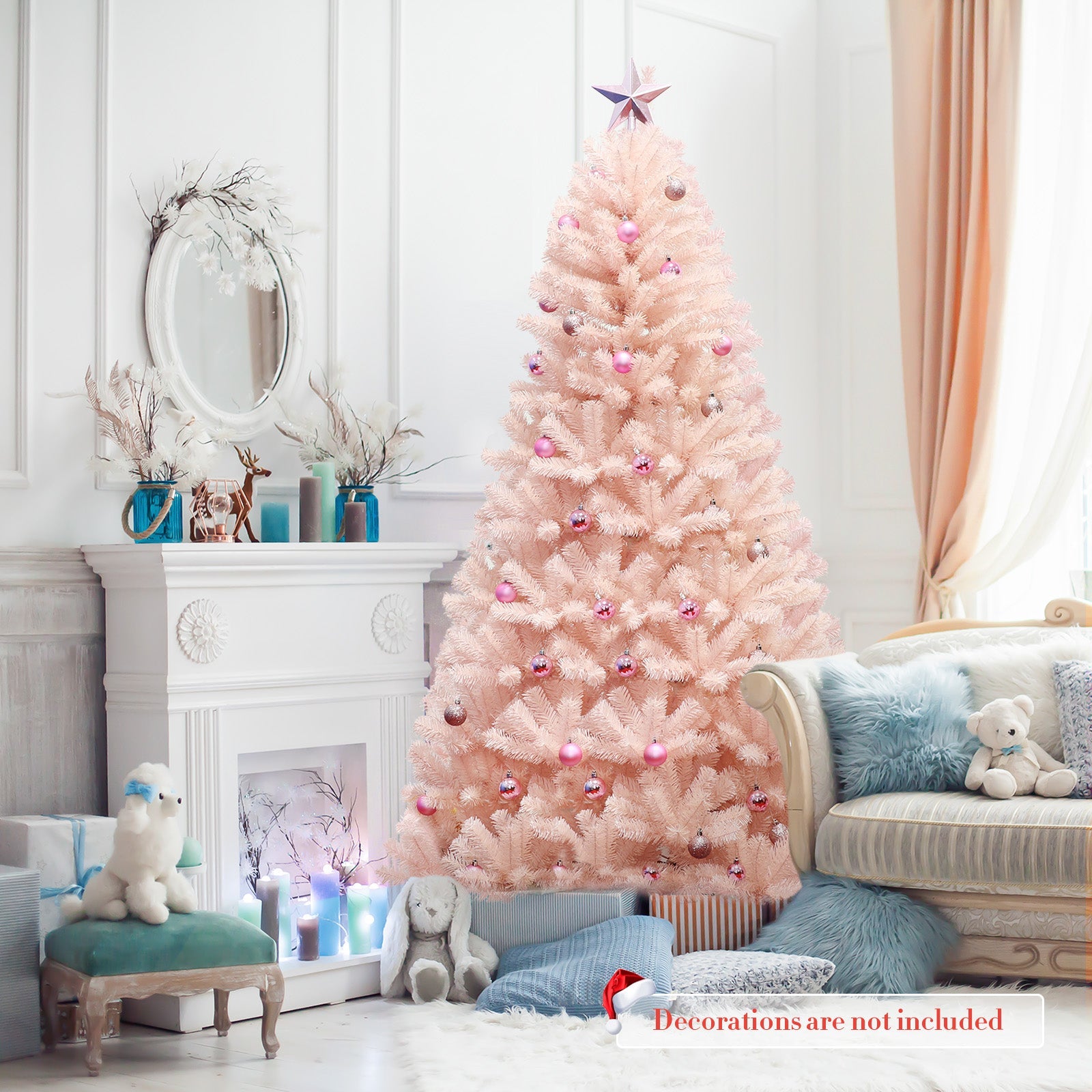 DirectDeals 6/7 ft pink hinged full fir artificial Christmas tree with pink ornaments on Tampa Home & Garden Store