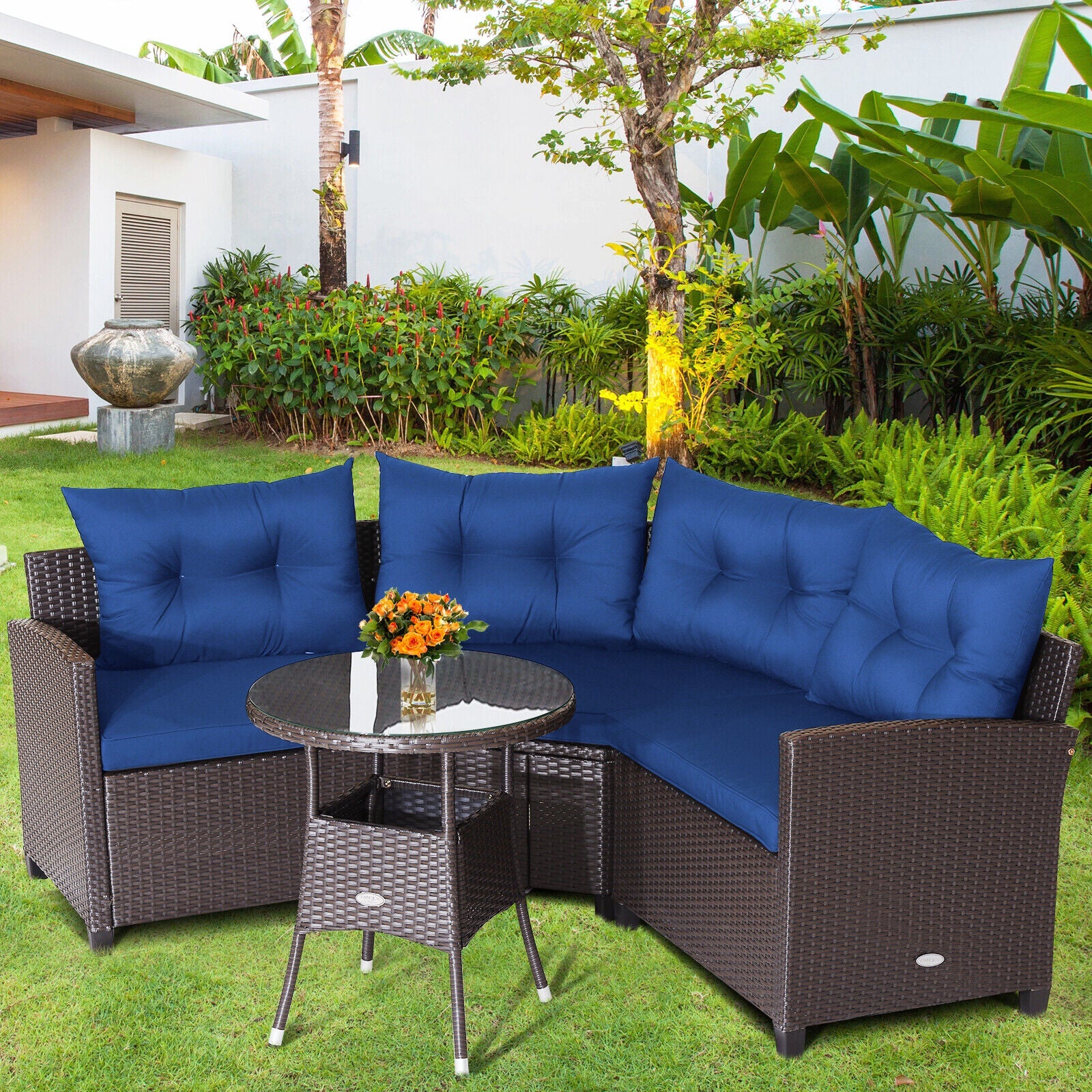 4 Pieces Patio Rattan Furniture Set Cushioned Sofa Glass Table - Tampa Home & Garden Store