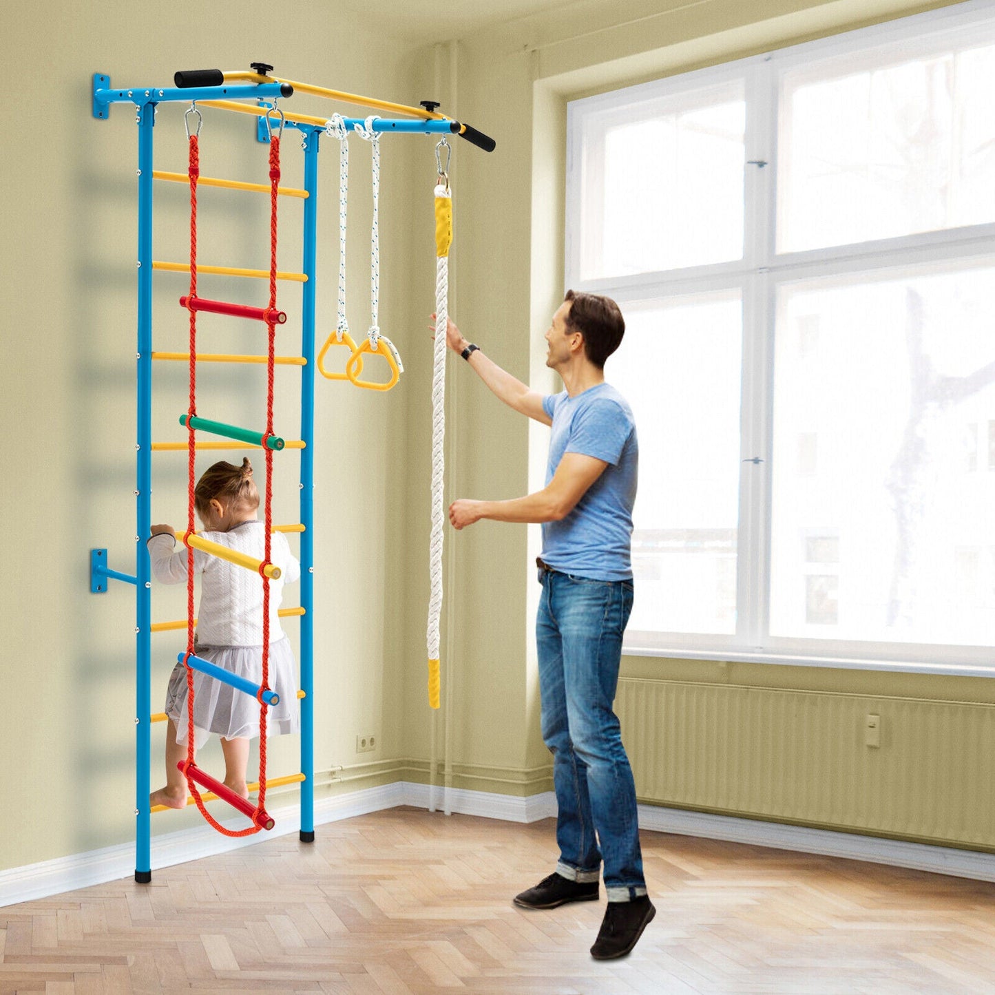 7 In 1 Kids Indoor Gym Playground Swedish Wall Ladder for Solid Wall-Yellow - Tampa Home & Garden Store