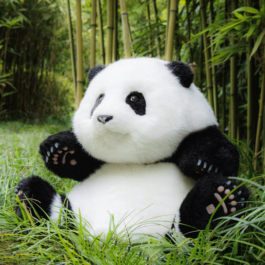 Panda Hehua Plush Calm Companion panda stuffed animal black and white in bamboo setting on Tampa Home & Garden Store