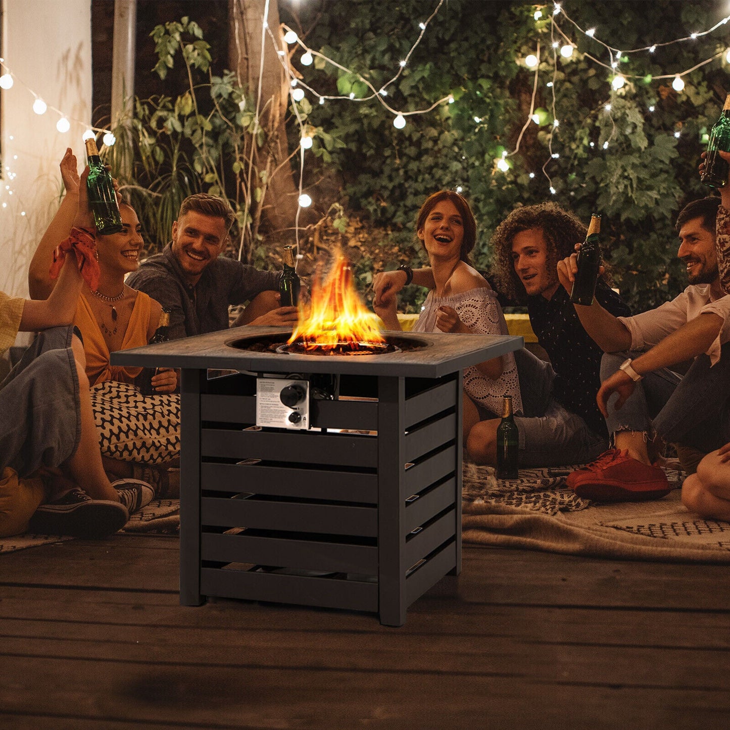 Mesa Cuadrada de Fuego de Propano con Rocas de Lava y Cubierta para la Lluvia