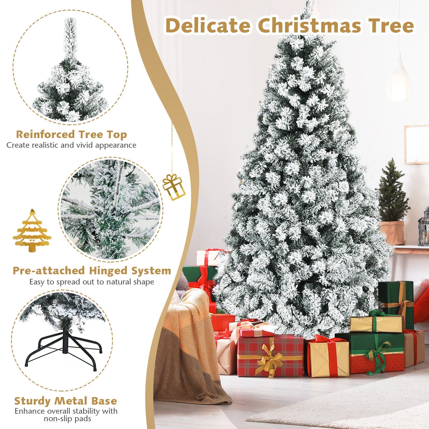 Árbol de Navidad artificial de bisagras con nieve, preiluminado, de primera calidad - 1,83 m