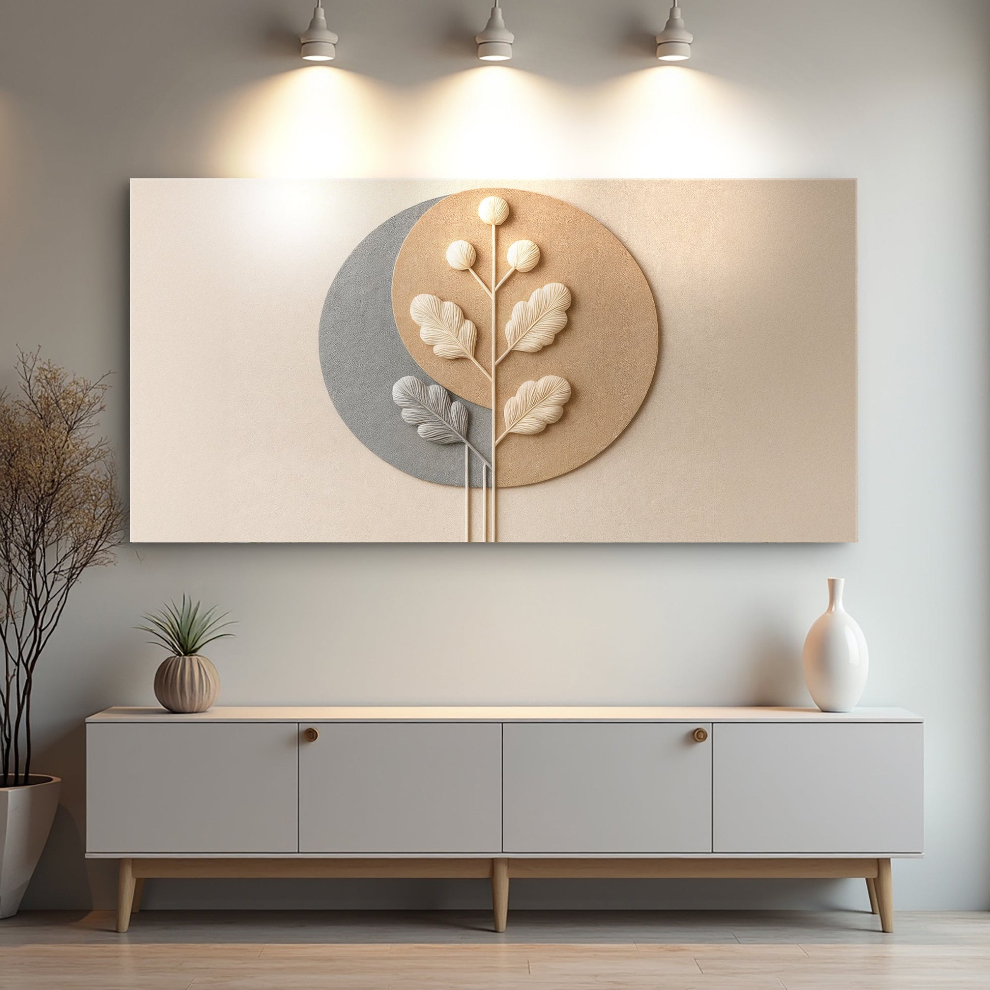 Modern Abstract Minimalist Wall Art XII canvas with beige and gray circles and botanical relief on Tampa Home & Garden Store