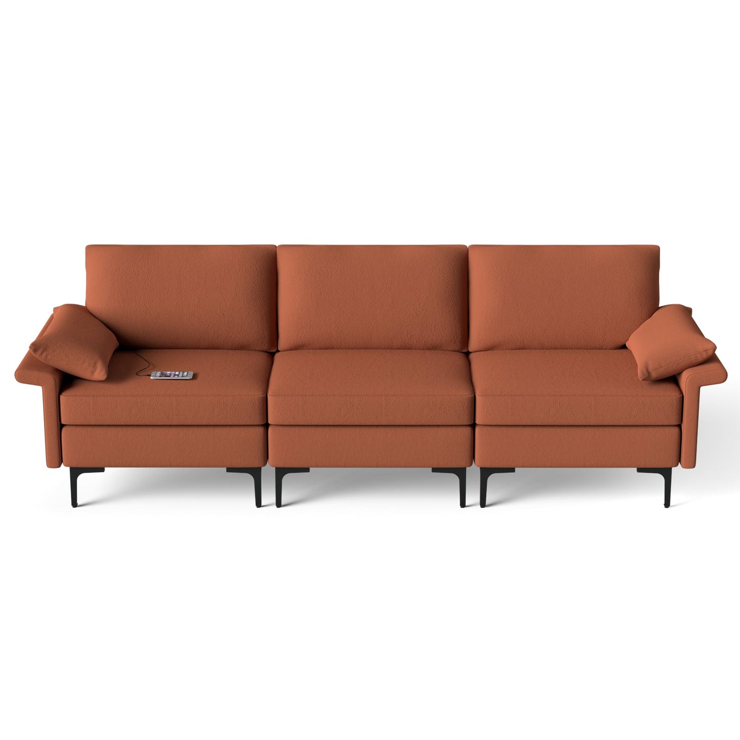 Sofá seccional grande de 3 plazas con patas de metal y 2 puertos USB para 3-4 personas - Rojo