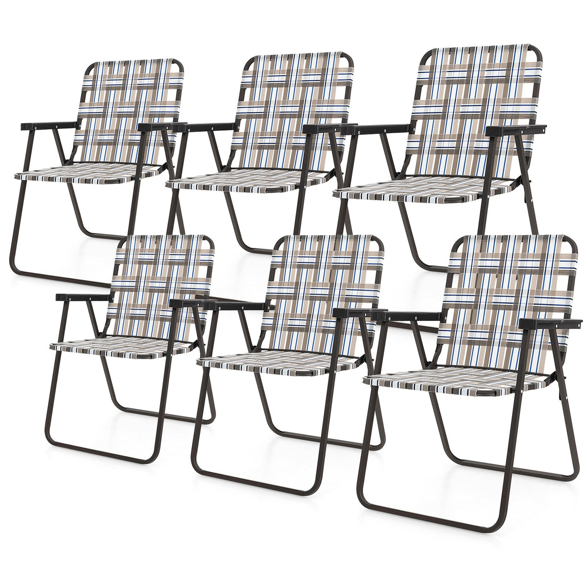 GemGear 6-piece folding beach chairs with beige brown blue striped webbing on Tampa Home & Garden Store