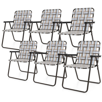 GemGear 6-piece folding beach chairs with beige brown blue striped webbing on Tampa Home & Garden Store
