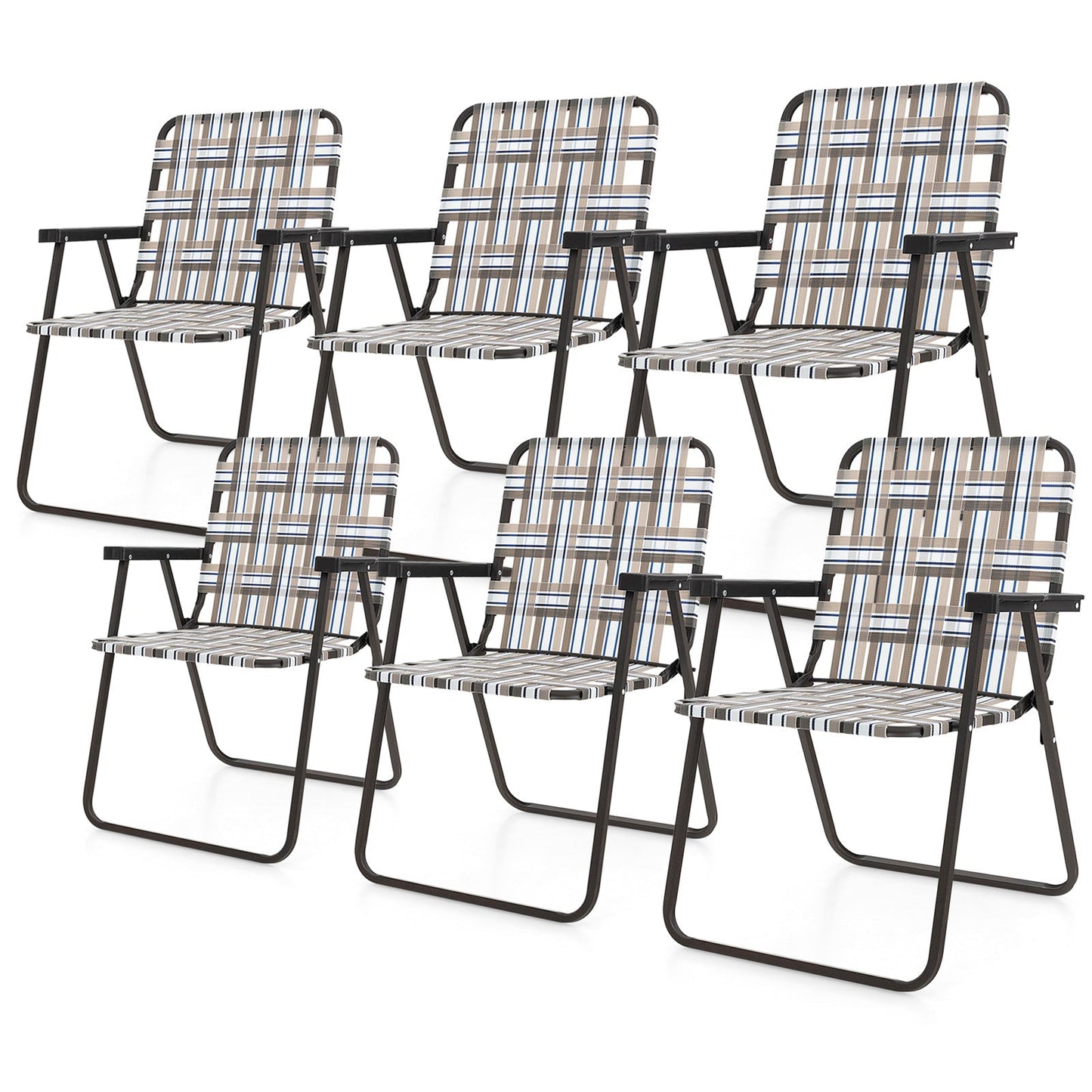 GemGear 6-piece folding beach chair set with beige, blue and white webbing and black frames on Tampa Home & Garden Store